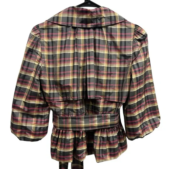 Eci New York Silk Retro Plaid Double Breasted 3 Quarter Sleeve Tie Belt Size 2 - Picture 8 of 12